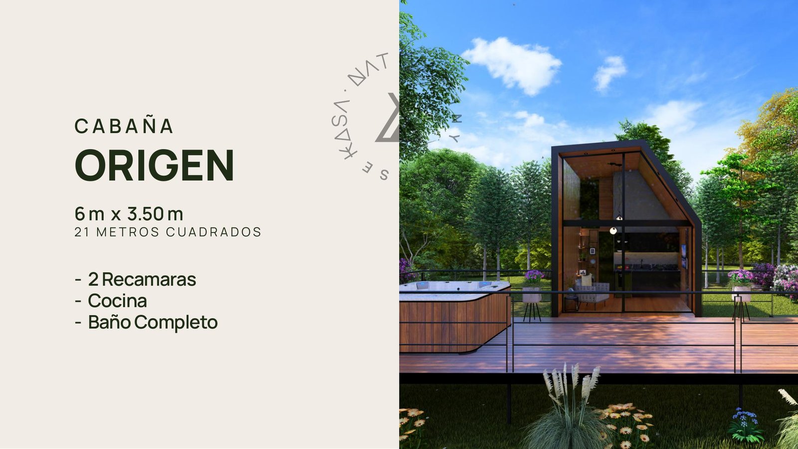 Cabaña Kasa Nativa modelo Origen con grandes ventanales y jacuzzi