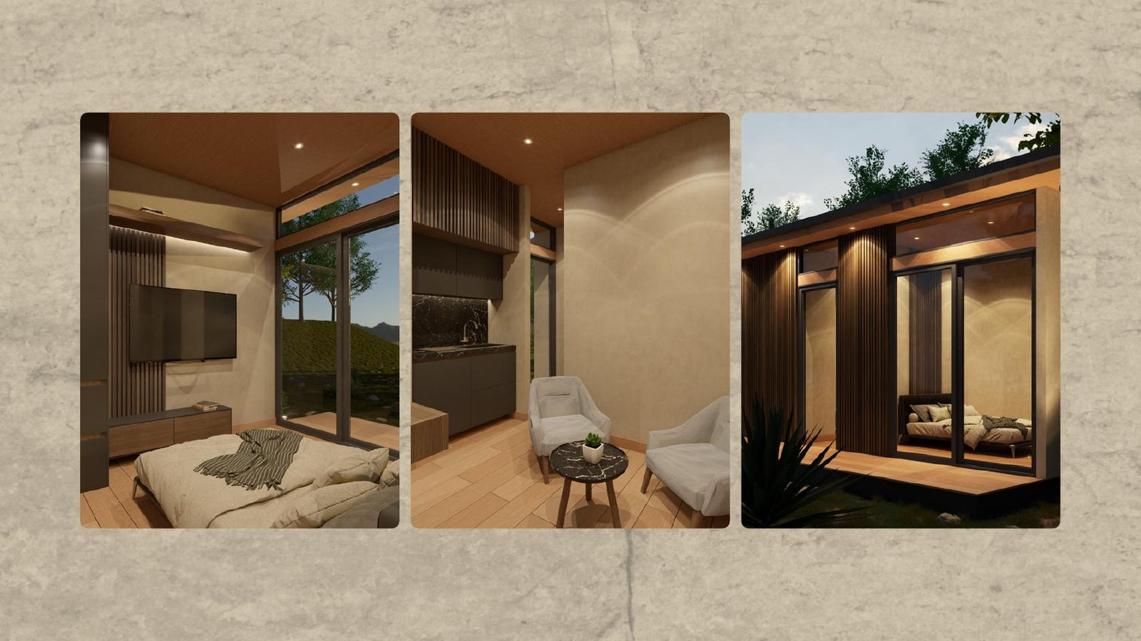 Interior de la cabaña Cuadrada 2'1: dormitorio con televisor y ventanal